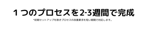 1つのプロセスを2‐3週間で完成 初期セットアップを除きプロセスの改善要求を短い期間で対応します。 1つのプロセスを2‐3週間で完成 初期セットアップを除きプロセスの改善要求を短い期間で対応します。