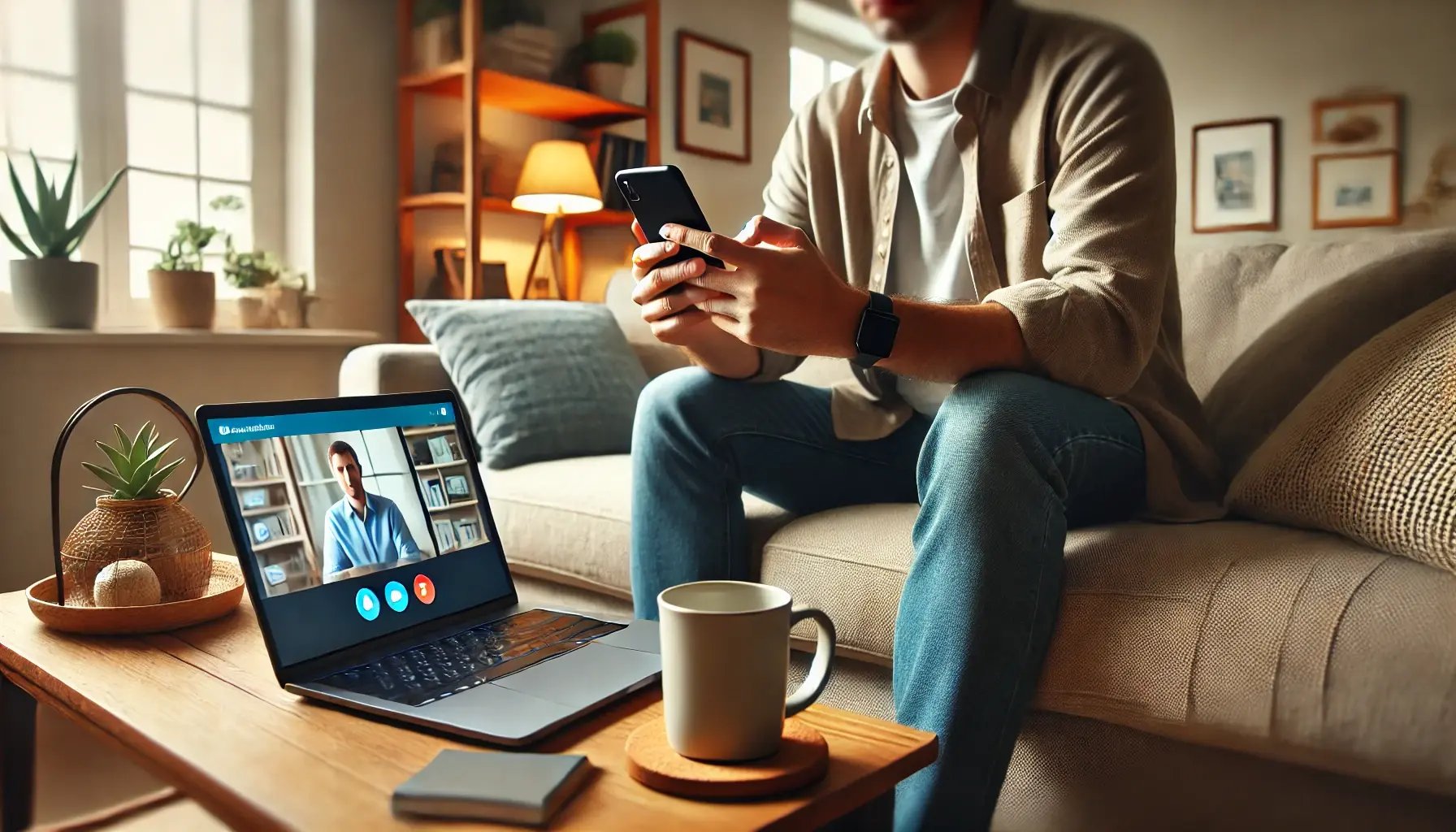 DALL·E 2024-12-10 11.05.14 - A person in casual attire sitting on a couch in a cozy home environment, using a smartphone and a laptop simultaneously. The setting emphasizes seamle DALL·E 2024-12-10 11.05.14 - A person in casual attire sitting on a couch in a cozy home environment, using a smartphone and a laptop simultaneously. The setting emphasizes seamle