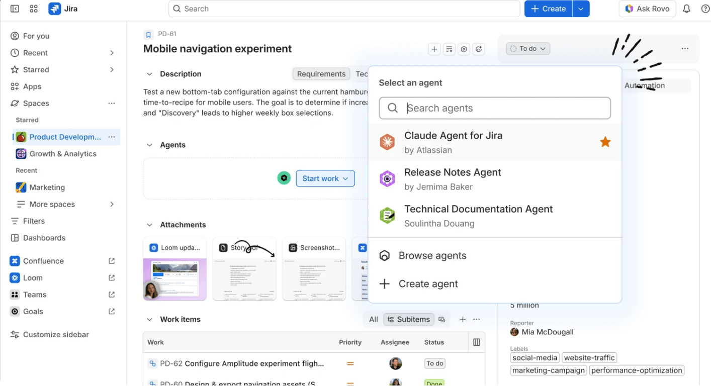 Jiraの「Select an agent」メニューでClaude Agent for Jiraを選ぶ画面