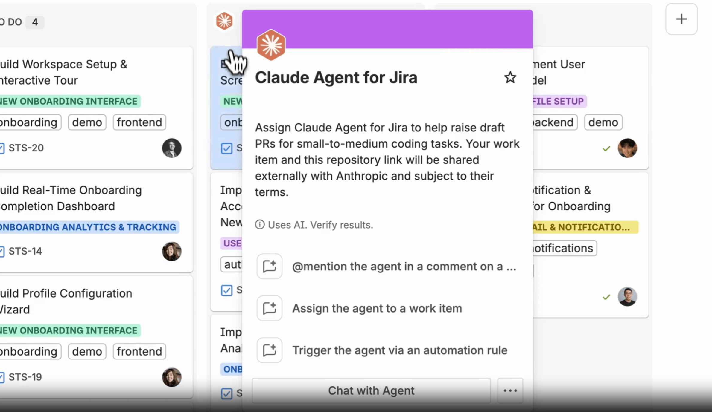 Claude Agent for Jiraの説明カード。起動方法は3つあることが表示されている