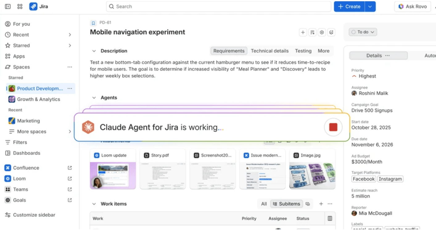 「Claude Agent for Jira is working」と表示された作業項目の画面