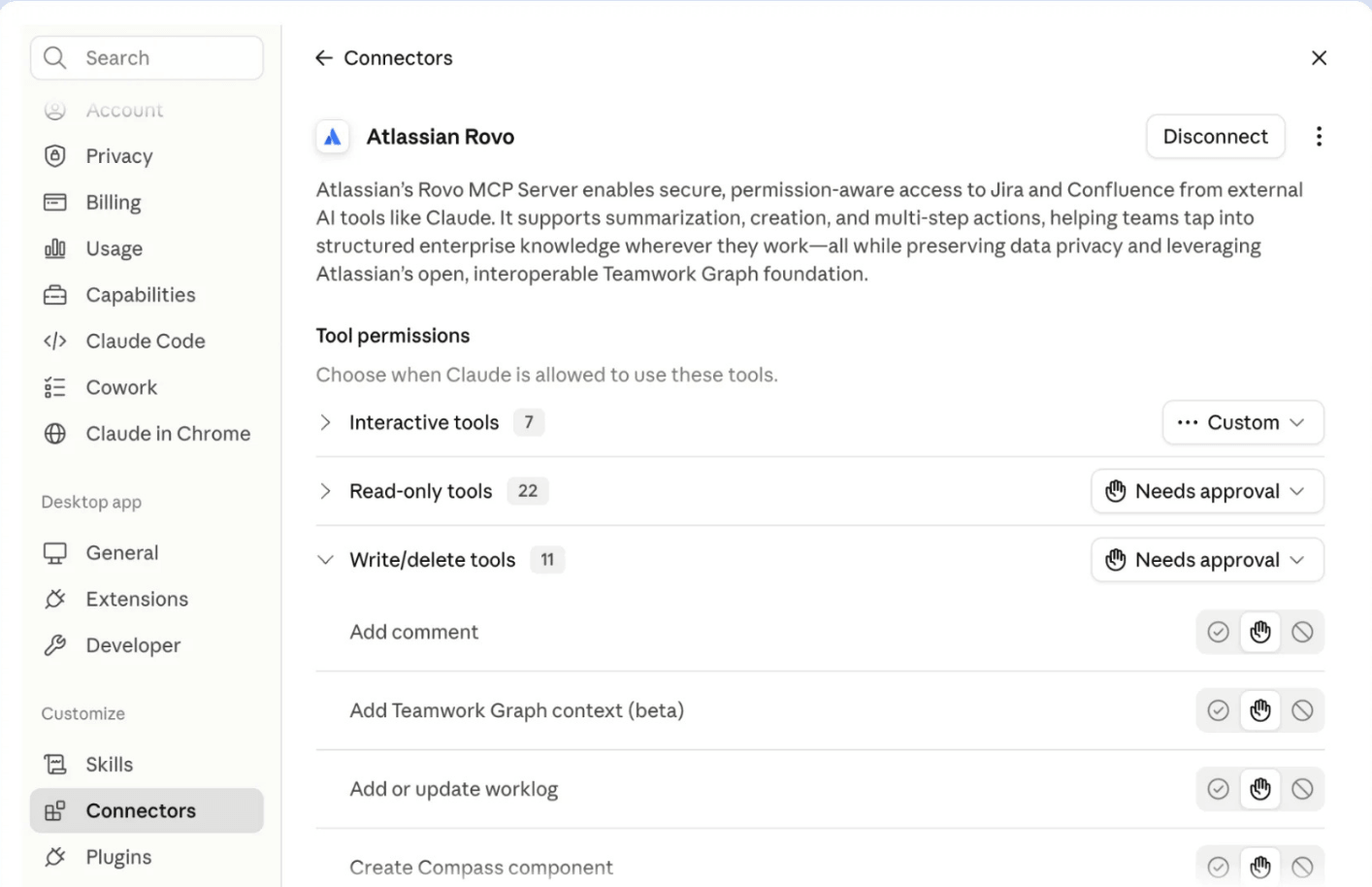 Claudeのコネクタ設定でAtlassian Rovoのツール権限を確認する画面