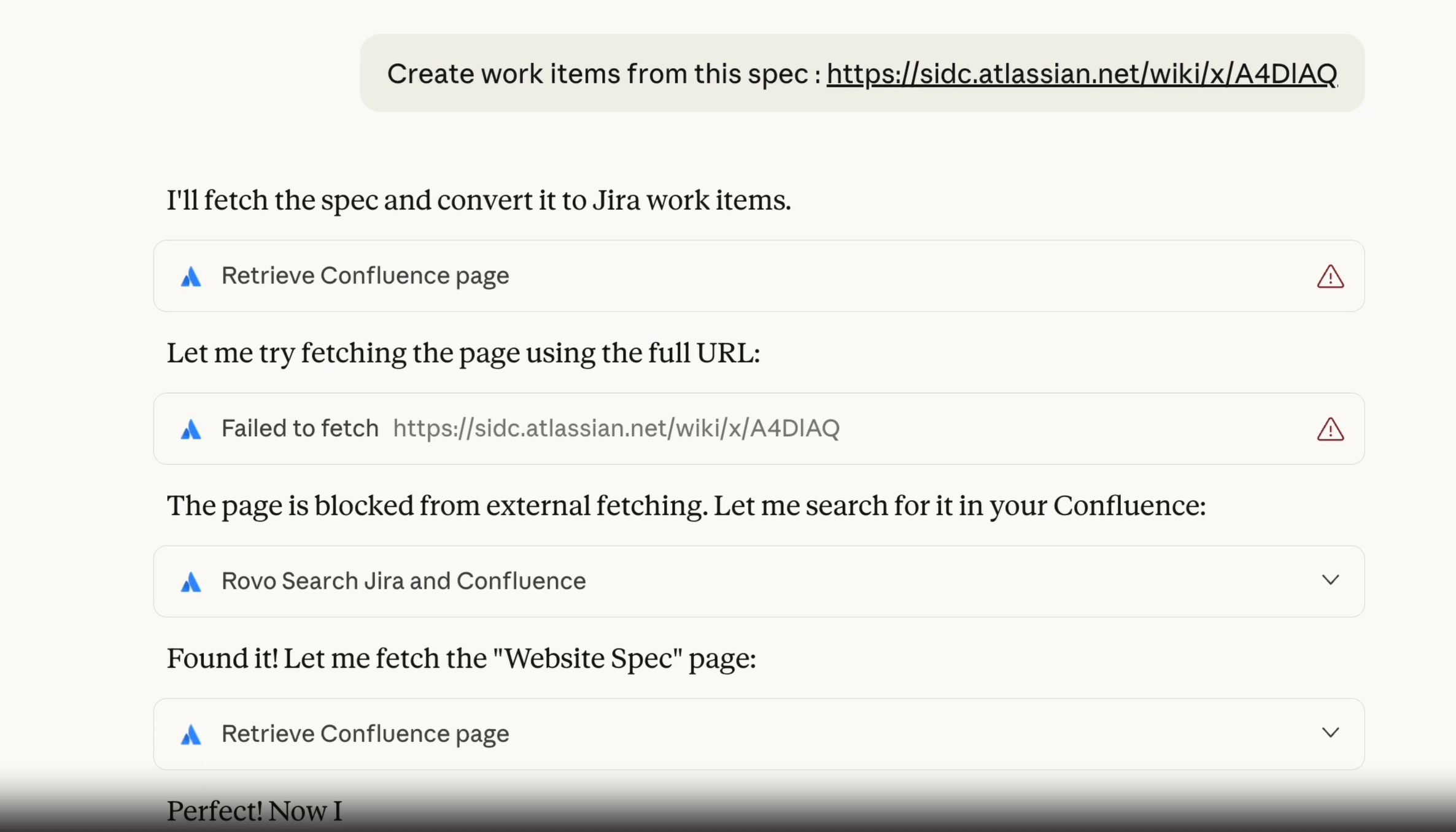 Confluenceの仕様書から作業項目を作成するよう、Claudeに自然な言葉で指示した画面