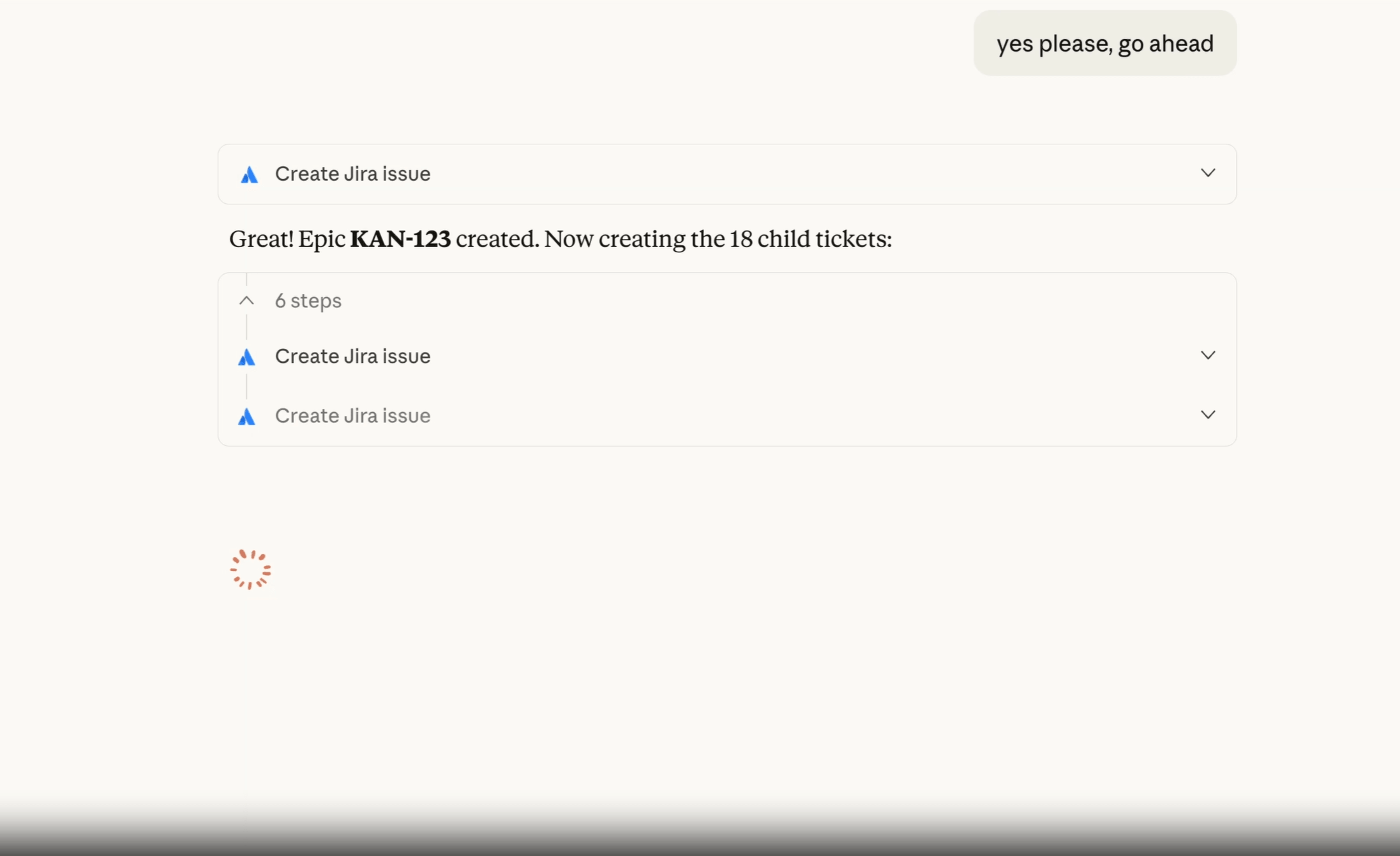 ClaudeがRovoでJiraとConfluenceを検索し、課題を作成している途中の画面